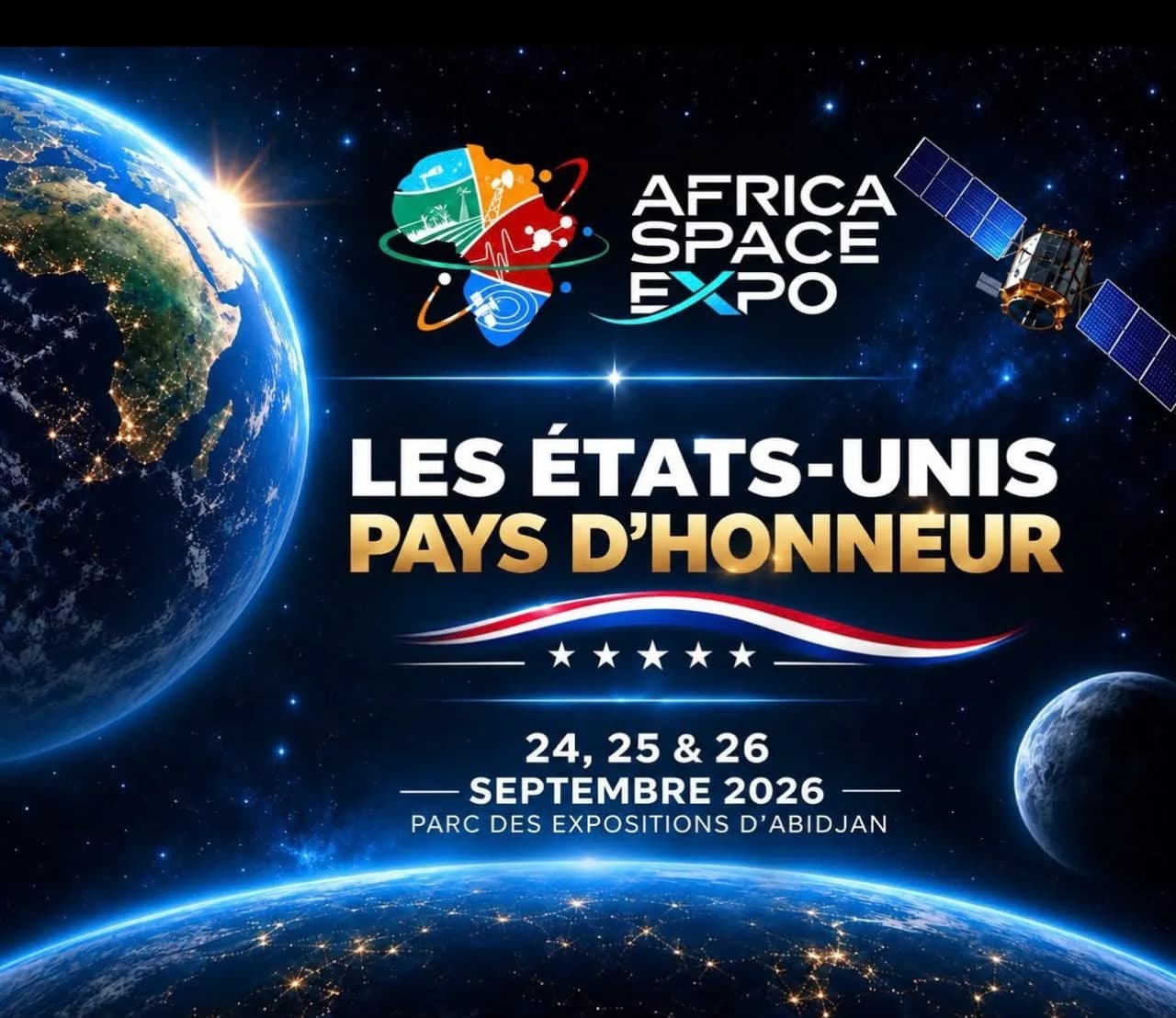 Affiche de l’Africa Space Expo : les États-Unis, pays d’honneur — 24, 25 et 26 septembre 2026, Parc des Expositions d’Abidjan