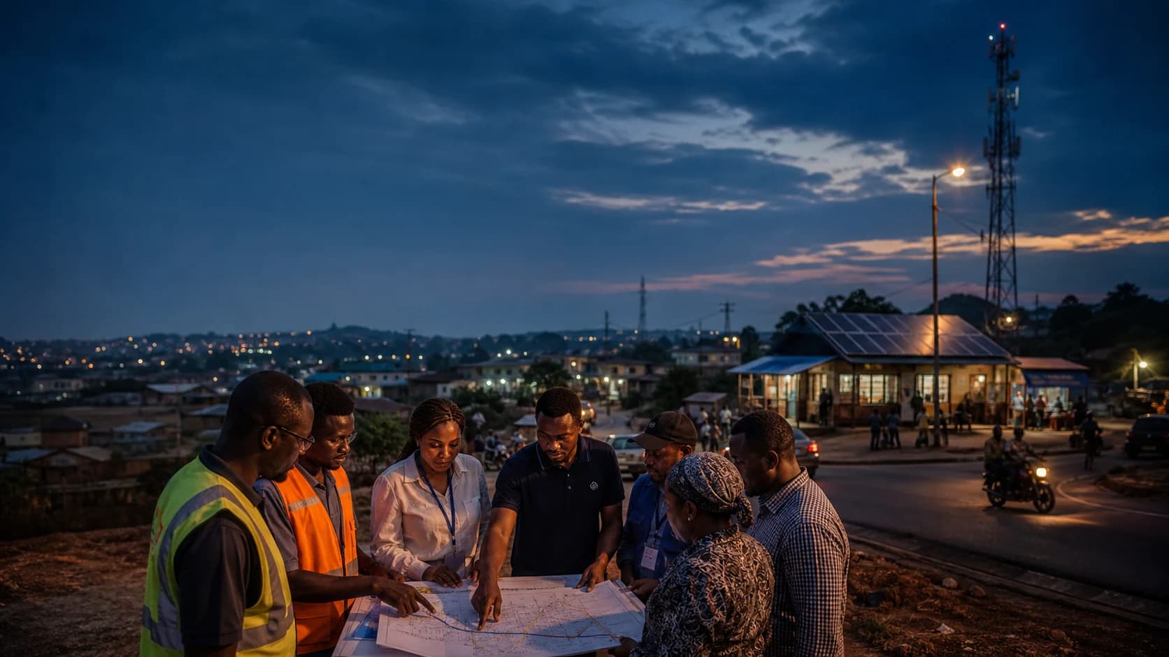 Équipe camerounaise planifiant une infrastructure locale au crépuscule
