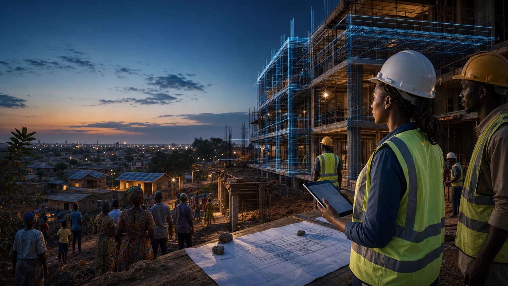 African engineer reviewing a digital construction plan beside an active urban project