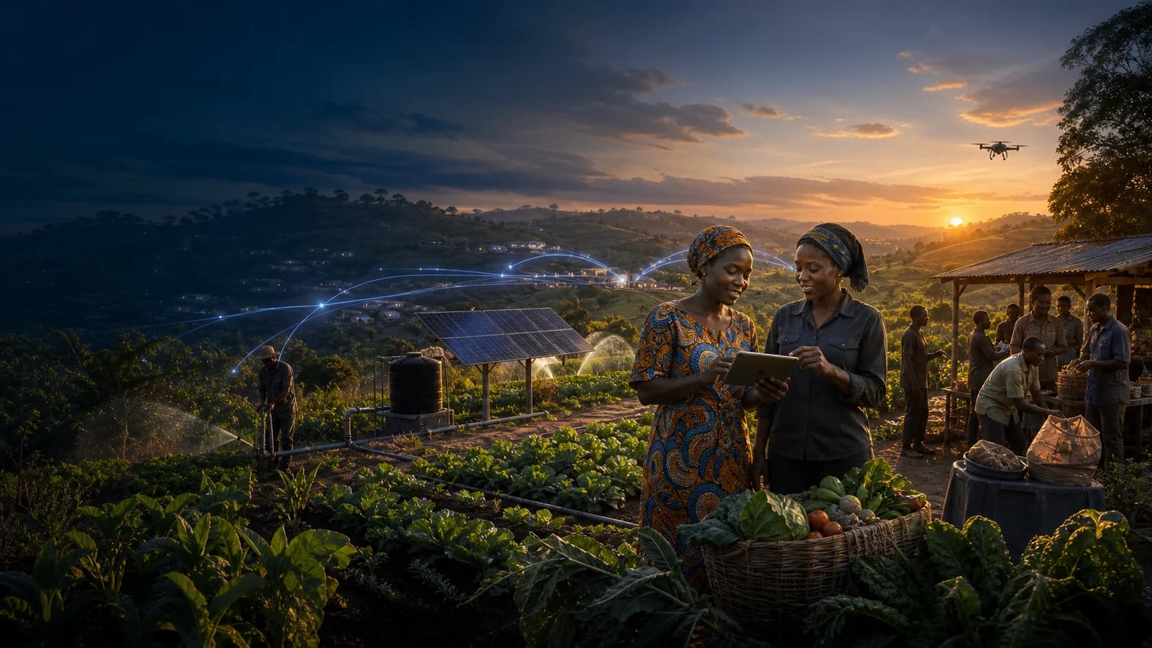 Coopérative agricole africaine utilisant des outils numériques avec irrigation solaire et opérations de terrain