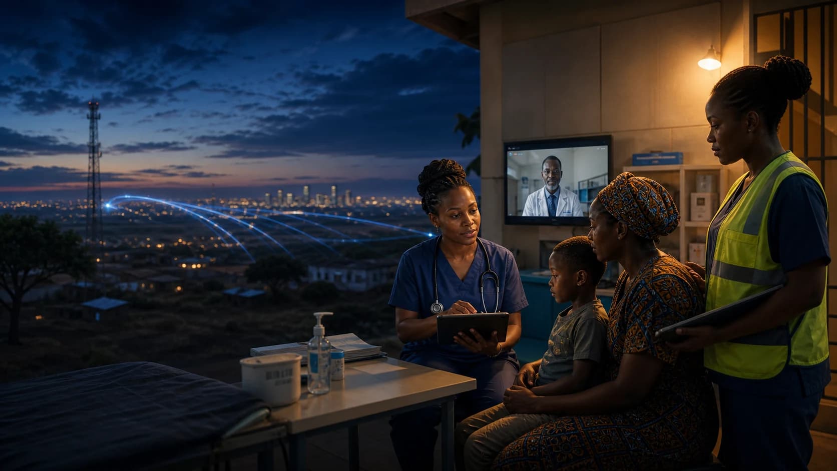 Professionnelle de santé africaine accompagnant une mère et son enfant avec une infrastructure de soins connectée