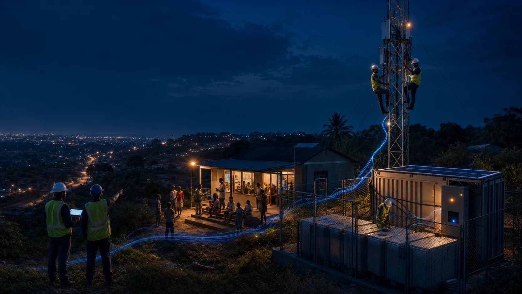 Infrastructures communautaires de connectivité et d’énergie solaire fonctionnant ensemble au crépuscule